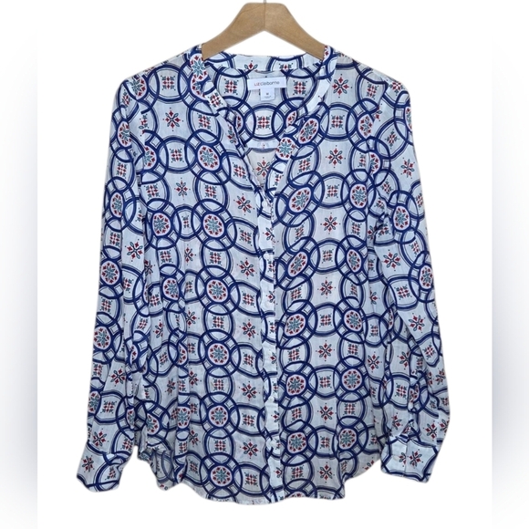Liz Claiborne Tops - Liz Claiborne | White Blue Circle Print Long Sleeve Button Up Shirt Size Medium
